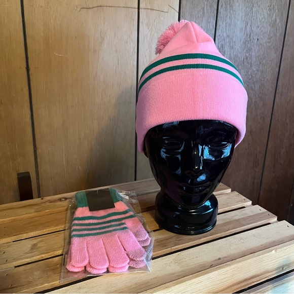 AKA Knit Cap w/ Pink Pom Pom & Matching Gloves - Picture 9 of 12